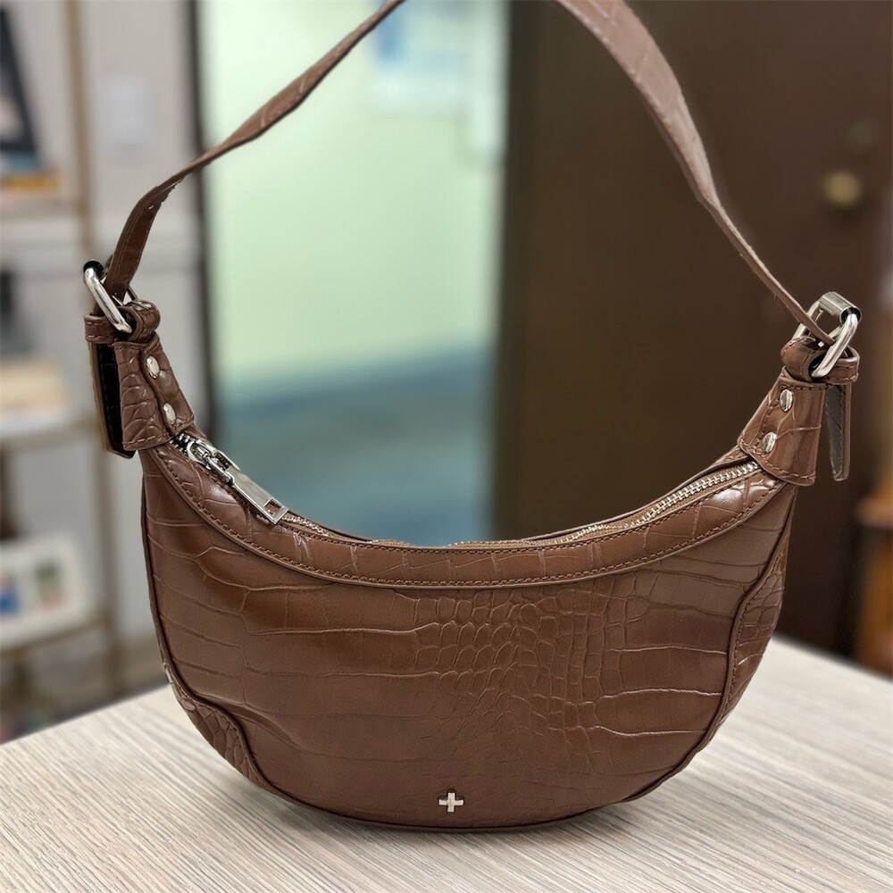 Peta + Jain Mini Shoulder Bag Womens Brown Croc Embossed Zip Top Silver